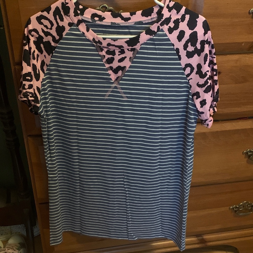 Women’s Navy Stripe Tee with Pink Leopard Raglan Sleeves